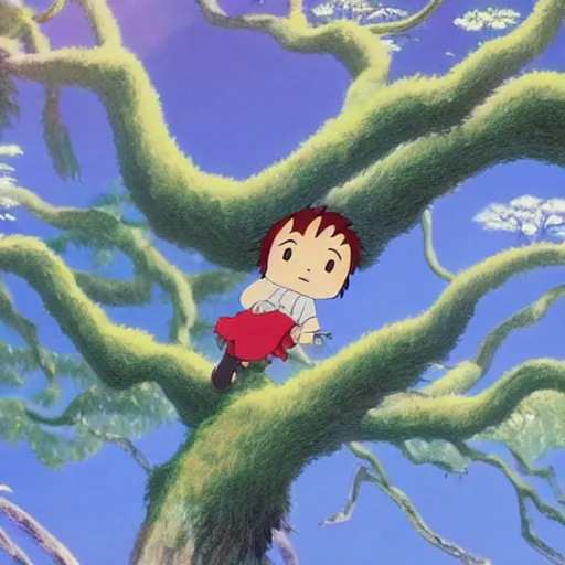 Image similar to spirit, forest, dancing on a tree top, hayao miyazaki, masashi ando, nizou yamamoto, kazuo oga, joe hisaishi, yoji takeshige, naoya tanaka