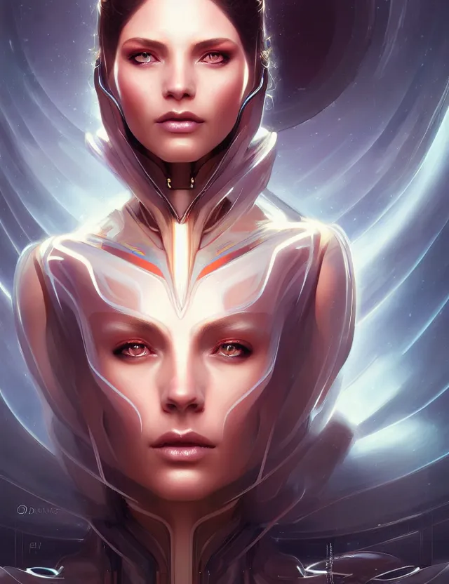 Image similar to futuristic woman portrait, sci-fi, amber eyes, face, long hair, fantasy, intricate, elegant, highly detailed, digital painting, artstation, concept art, smooth, sharp focus, illustration, art by artgerm and greg rutkowski and alphonse mucha