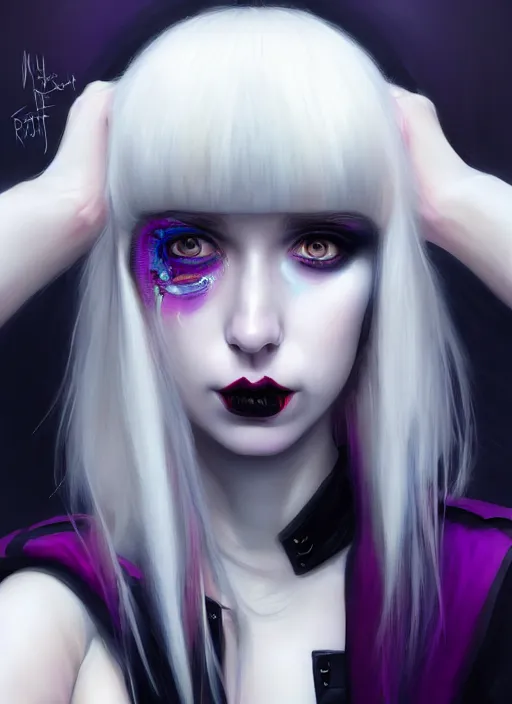 Image similar to portrait of white teenage girl, normal face, white bangs, mall goth, cyberlox, black and white hair, bangs, fluffy bangs, red contact lenses, purple lipstick, intricate, elegant, highly detailed, digital painting, artstation, concept art, sharp focus, smooth, illustration, art by wlop, mars ravelo and greg rutkowski