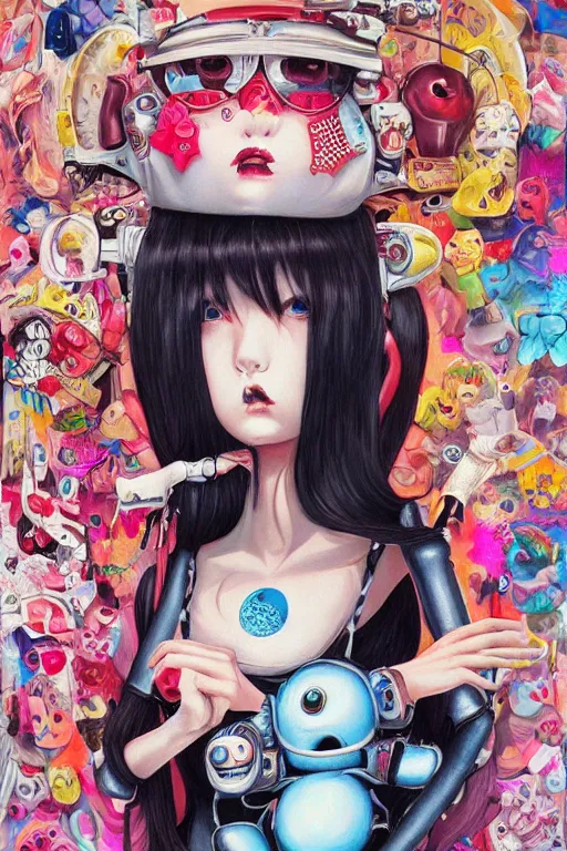 Prompt: pop surrealism, lowbrow cute girl painting, hyper realism, robotic girl, japanese street fashion