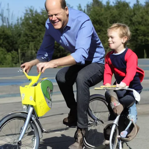 Prompt: a press photo of olaf scholz riding a tiny childrens bycicle