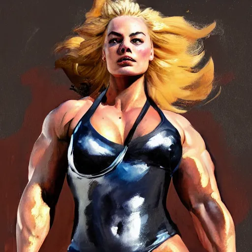 Image similar to greg manchess portrait of margot robbie as thick female bodybuilder zarya from overwatch, epic grimdark, fantasy, medium shot, asymmetrical, profile picture, organic painting, sunny day, matte painting, bold shapes, hard edges, street art, trending on artstation, by huang guangjian and gil elvgren and sachin teng