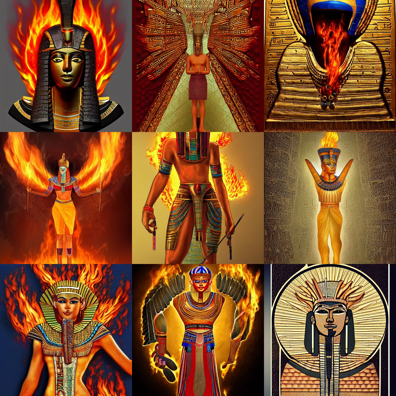 Prompt: a flaming wearing an atef, egyptian, highly intricate, award winning art, trending on artstation