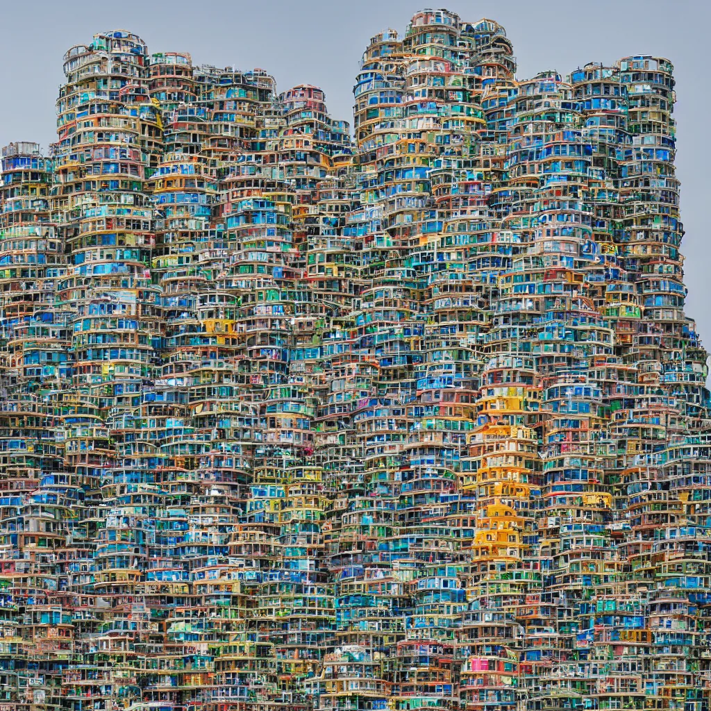 Image similar to a circular tower, made up of colourful makeshift squatter shacks, dystopia, sony a 7 r 3, f 1 1, fully frontal view, ultra detailed, photographed by hiroshi sugimoto,