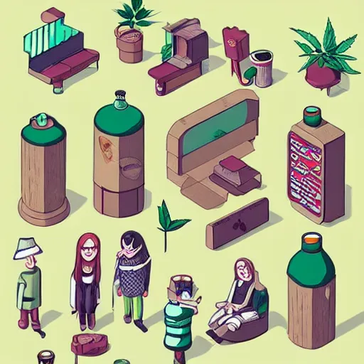 Image similar to cannabis cafe detailed cute characters, isometric fun style rendered, by ren hang