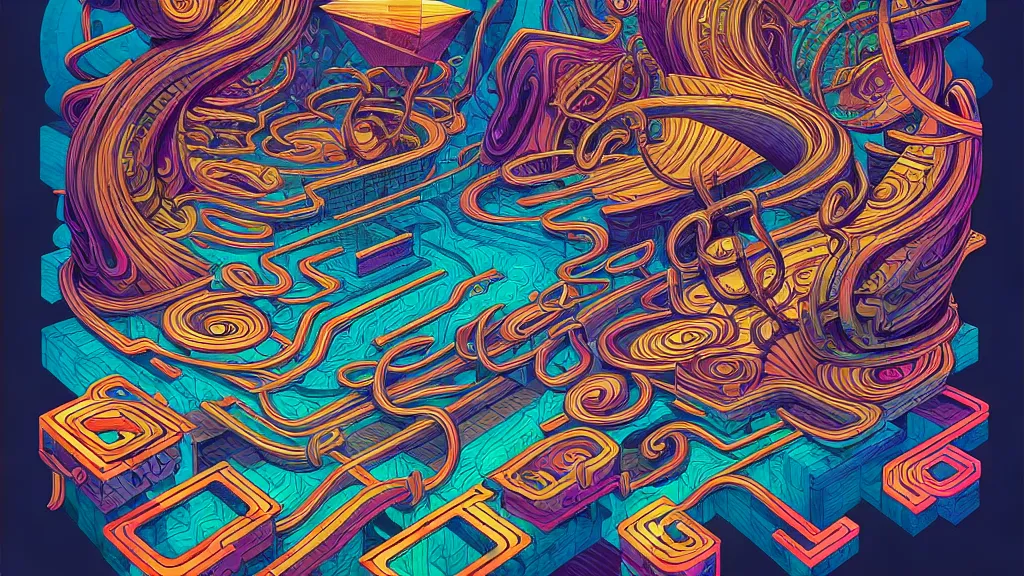 Image similar to twisted turn of fate abstraction, centered award winning ink pen illustration, isometric abstract illustration by dan mumford, edited by craola, technical drawing by beeple and tooth wu, tiny details by artgerm and watercolor girl, symmetrically isometrically centered