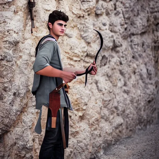 Image similar to a handsome Mediterranean 17 year old man in Biblical clothes holding a slingshot, DSLR photography