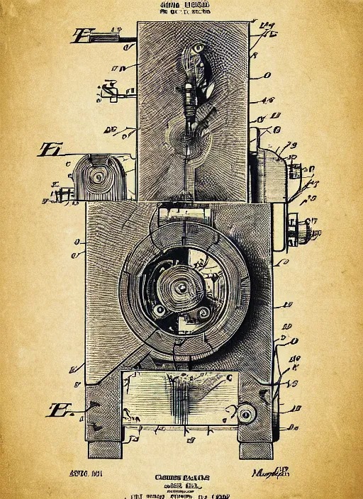 Prompt: “A detailed clockwork mechanism attached to forehead of a woman. Patent application drawing, close-up, Fig.1, Header text”