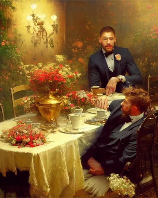 Image similar to tom hardy admiring a table full of flowers, golden hour painting by gaston bussiere, craig mullins, j. c. leyendecker