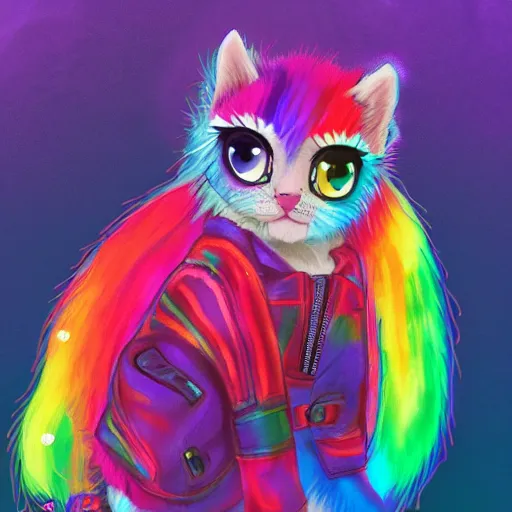 Image similar to wide angle full body, jacket wearing fluffy cute rainbow kitten wearing a black leather motorcycle jacket, cinematic concept art