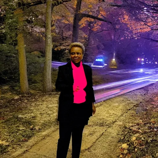 Prompt: chicago mayor lori lightfoot was spotted on woodland trail cam at midnight infrared