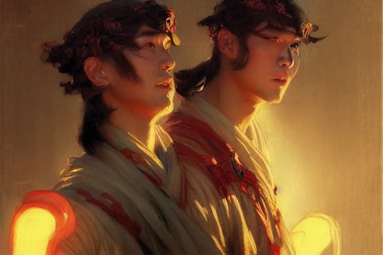 Image similar to wuxia, summer, attractive male, neon light, painting by gaston bussiere, craig mullins, j. c. leyendecker