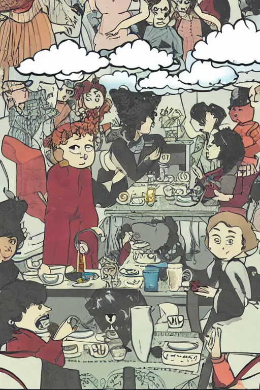 Image similar to a tea party in the clouds, graphic novel, high contrast