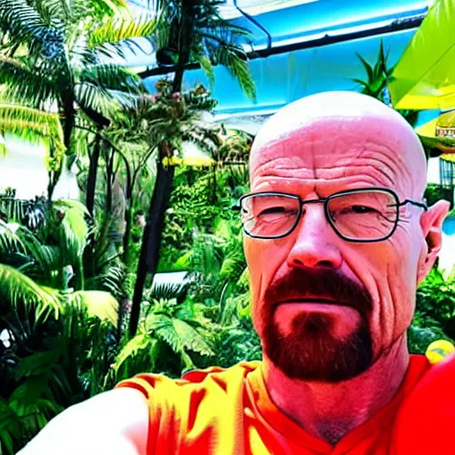 Image similar to walter white selfie at indoor water park with tropical plants