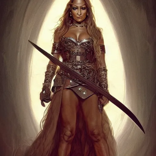 Prompt: Jennifer Lopez as a warrior woman, looking at camera, D&D, choker on neck, stylish dress, very long flowing hair, intricate, elegant, stylish, serious expression, extremely detailed, digital painting, artstation, concept art, smooth, sharp focus, illustration, stunning lighting, art by artgerm and greg rutkowski and alphonse mucha and simon stalenhag