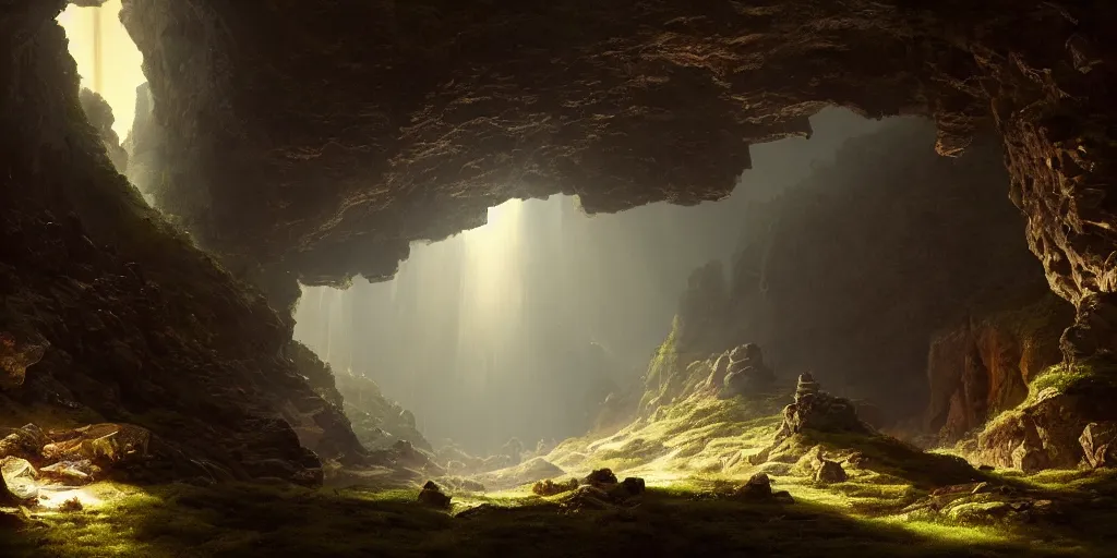 Prompt: discovery of a highly mechnically advanced civilization in a digital cave with minimal lighting in the style of thomas cole, cinematic lighting, raytracing, 8 k, octane render, volumetric, vivid, beautiful, hyperrealism
