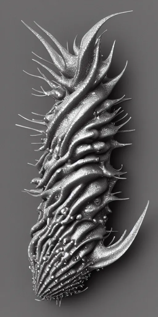 Image similar to a photorealistic render of a metallic spiky neotribal sea slug, greyscale, made of melted plastic and marble, c 4 d, by zhelong xu and ernst haeckel, wide angle, hyper realistic, plain black background, 8 k, volumetric lightning, octane render