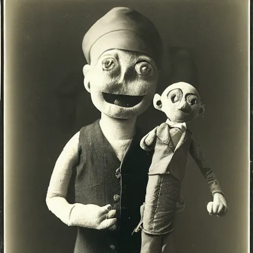 Prompt: ventriloquist figure, photograph, style of atget, old, creepy, smiling