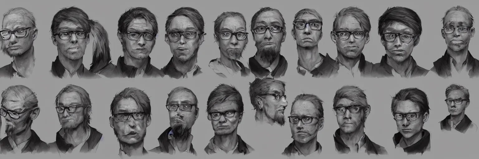 Prompt: character faces, realistic dave douglas face, clear dave douglas face, glasses, geek, character sheet, fine details, concept design, contrast, kim jung gi, greg rutkowski and da vinci, trending on artstation, 8 k, emotional, face turnaround, front view, back view, side view, ultra wide angle