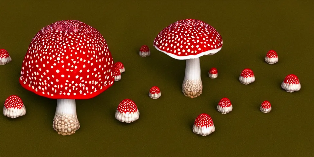 Image similar to a 3 d render of an amanita muscaria mushroom giant with tiny people below looking up at it,