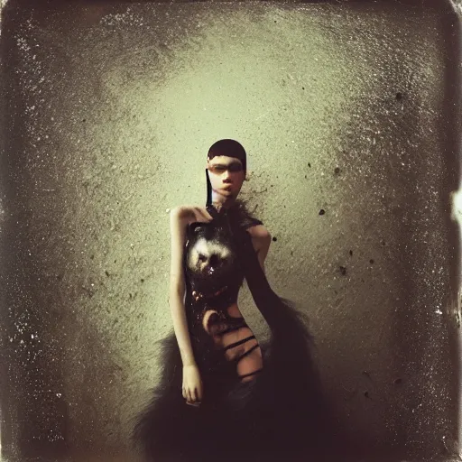 Image similar to damaged kodak portra 4 0 0, wetplate, photo of a surreal artsy dream scene,, very beautiful model, weird fashion, grotesque, extravagant dress, strange pose, carneval, with an animal, wtf, photographed by paolo roversi style