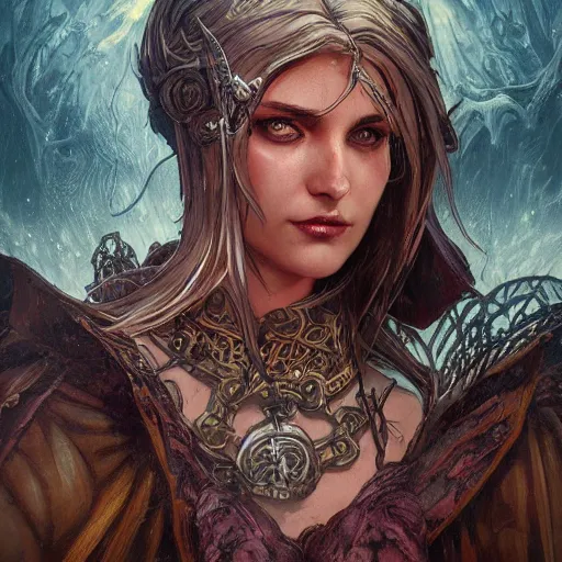 Prompt: An epic fantasy comic book style portrait of a necromancer, castle setting, horror movie lightning, intricate, elegant, highly detailed, digital painting, artstation, concept art, matte, sharp focus, illustration, art by Artgerm and Greg Rutkowski and Alphonse Mucha