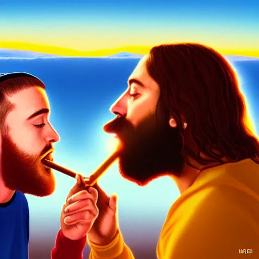 Image similar to an ultra detailed picture portrait of Mac Miller and Jesus smoking a joint in heaven, 8k, photorealistic,