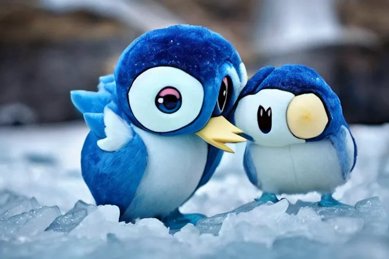 Image similar to real life piplup pokemon in icy antartica, cute!!!, heroic!!!, adorable!!!, playful!!!, chubby!!!, happy!!!, cheeky!!!, mischievous!!!, ultra realistic!!!, autumn, clear weather, golden hour, sharp focus