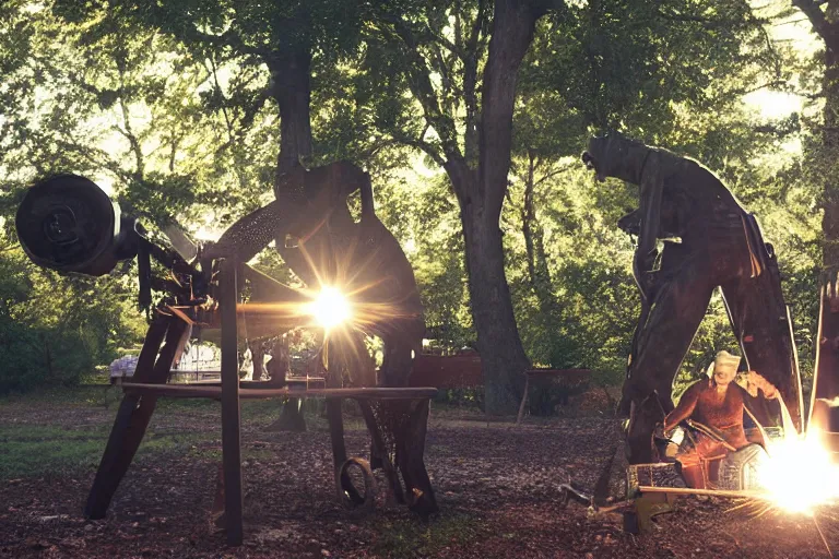 Image similar to cinematography woman welding sculpture in the park by Emmanuel Lubezki