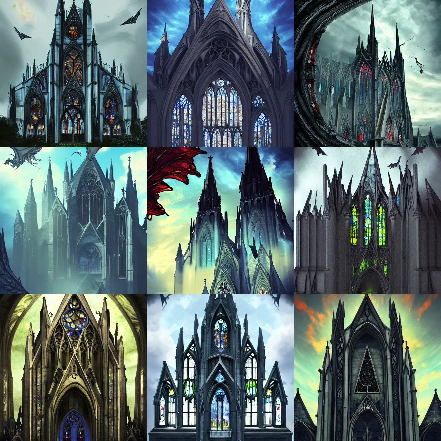 Prompt: outside exterior view flying stain glass wings gothic stone cathedral lens draco dragon teeth claws in the sky, artstation, cinematic, concept art, 8k, Pinterest, cgsociety, hyper detailed, ultra realistic, illustration, epic, high resolution, post processing, high quality,