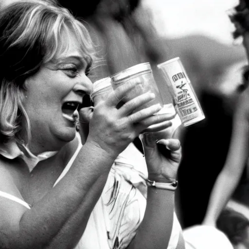 Prompt: 3 5 mm photo of raucous drunk boisterous loud portly french comedienne tippi pupu holding a drink and barking at a crowd, cannes 1 9 7 8