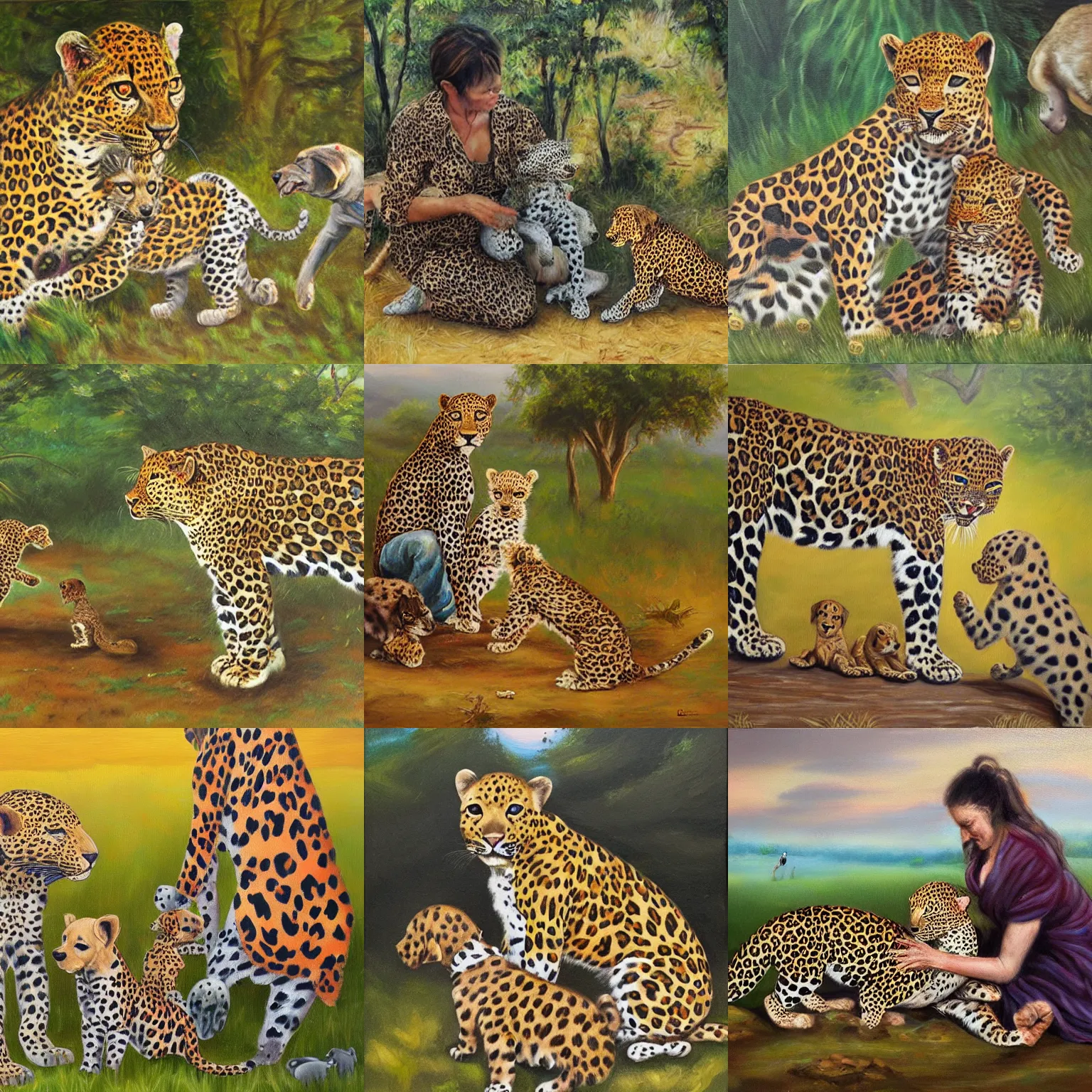 Prompt: leopard mother playing with pups, oil painting, safari background