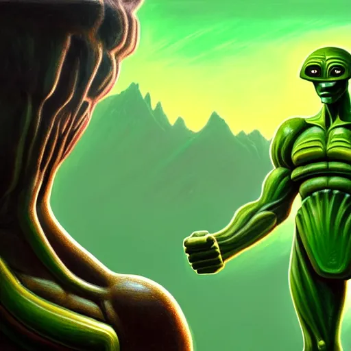 Image similar to a picture of a green giant humanoid with his fist up with futuristic brown suit with helmet, background ancient alien landscape, low angle, trending on deviantart, fantasy, intricate, highly detailed, lifelike, photorealistic, digital painting, artstation, illustration, concept art, smooth, sharp focus, artwork by frank frazetta