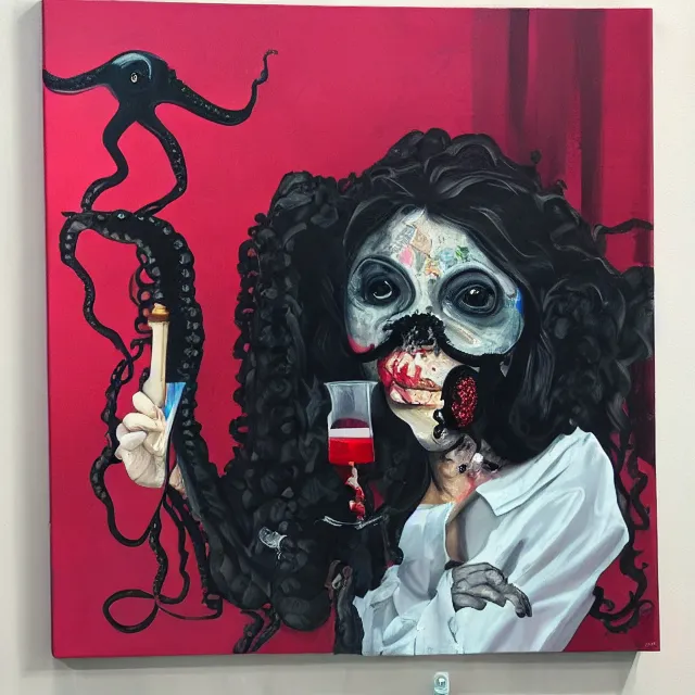 Prompt: empty room with black walls, a portrait of a female pathologist holding an octopus, intravenous drip, wilted flowers, pomegranate, berry juice dripping, neo - expressionism, surrealism, acrylic and spray paint and oilstick on canvas