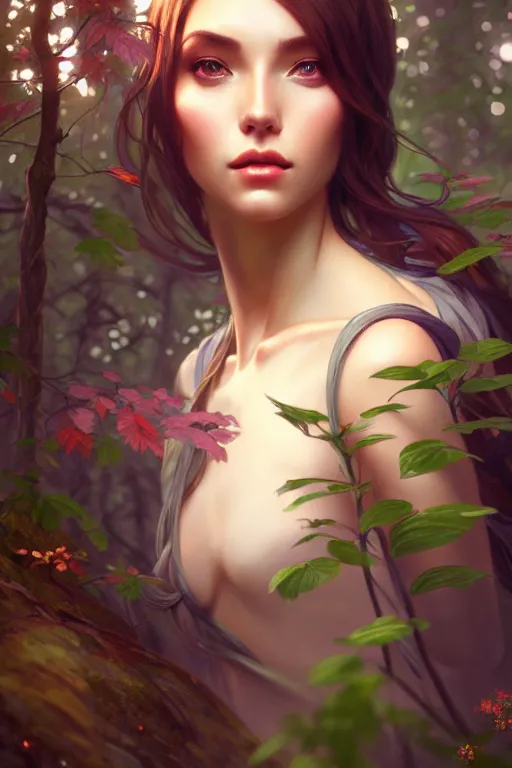 Image similar to beautiful digital painting of a stylish female forest with high detail, 8 k, stunning detail, works by artgerm, greg rutkowski and alphonse mucha, unreal engine 5, 4 k uhd