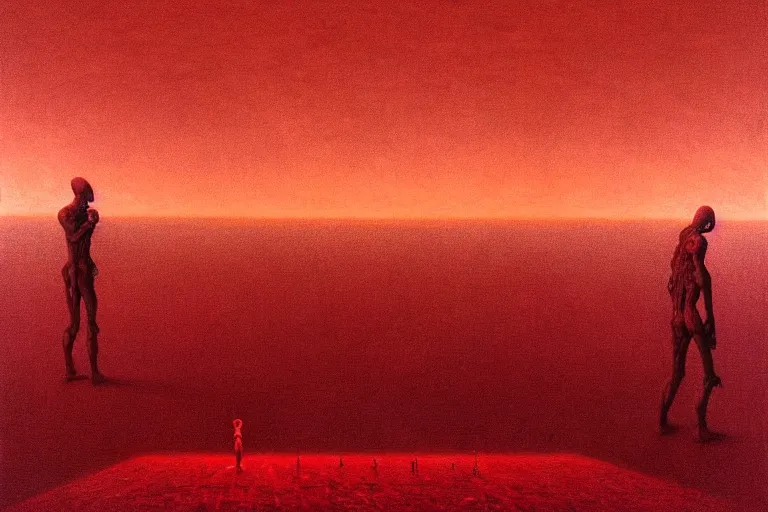 Image similar to only with red, red god of death eat apple, a futuristic city on mars in the background, red worms on the floor, in the style of beksinski, part by hopper, part by rodcenko, part by hofbauer, intricate composition, red by caravaggio, insanely quality, highly detailed, masterpiece, red light, artstation, 8 k