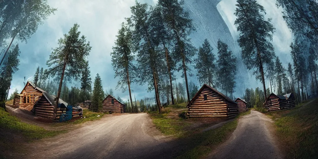 Image similar to a beautiful matte painting of a skateboarder, kick flip, pilgrim village setting, log homes, dirt road, trees, graffiti, fisheye lens, by Mikko Lagerstedt and Raphael Lacoste