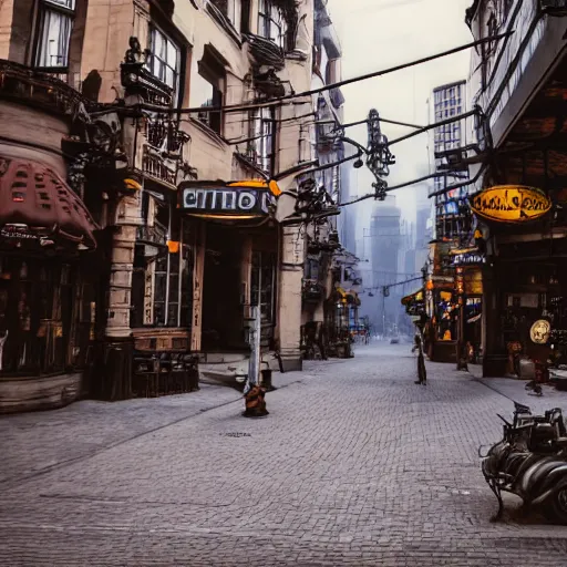 Image similar to dieselpunk city street in the evening