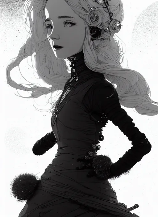 Image similar to highly detailed portrait of a giddy frostpunk long blonde hair lady with short form fitting black dress, stray wiring by atey ghailan, james gilleard, by joe fenton, by greg rutkowski, by greg tocchini, by kaethe butcher, 4 k resolution, gradient blue, black and white color scheme!!! ( ( glaciated robotic dystopian city background ) )