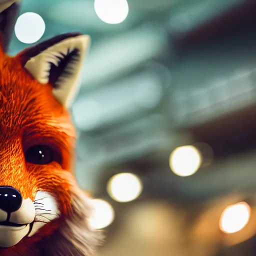 Image similar to portrait of a realistic fox fursuit at a furry convention, indoors, midday, realisitc bokeh photo