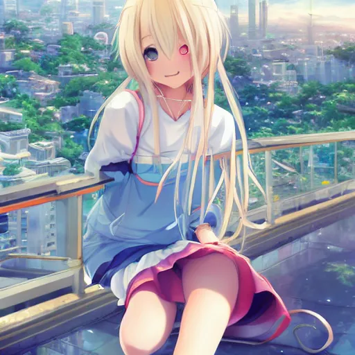 Image similar to a very beautiful anime girl, full body, long wavy blond hair, sky blue eyes, full round face, short smile, cute top, miniskirt, sitting on a miniature city, cinematic lightning, medium shot, mid-shot, highly detailed, trending on Artstation, Unreal Engine 4k, cinematic wallpaper by Stanley Artgerm Lau, WLOP, Rossdraws, James Jean, Andrei Riabovitchev, Marc Simonetti, and Sakimichan