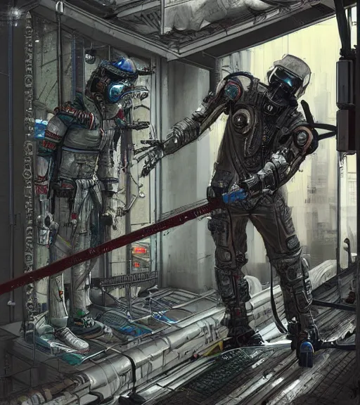 Image similar to realistic cyberpunk japanese engineer with long limbs and a black spacesuit welding a wall, techwear, dead space, visible face, Industrial Scifi, detailed illustration, character portrait, by Martin Grip and Moebius