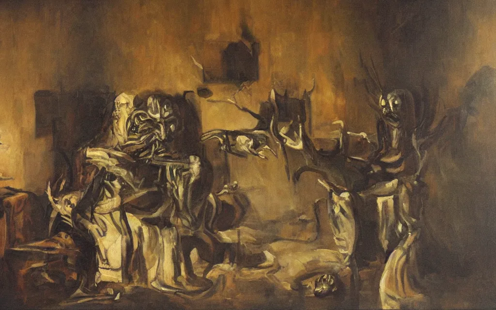 Image similar to a painting of nightmare in a room, by vilhelms purvitis, oil on canvas