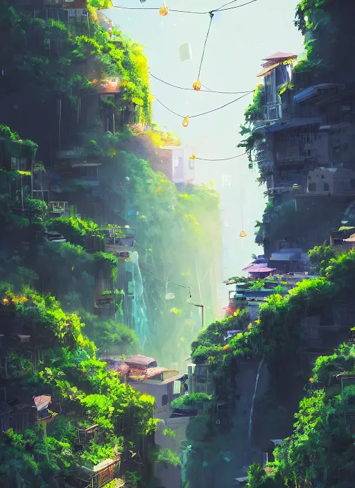 Image similar to city built on terraces in a gigantic canyon, lots of buildings connected by hanging bridges, waterfalls, glow coming from amber veins in the ground, lush vegetation, pitchblack sky, extremly detailed digital painting, in the style makoto shinkai and alena aenami, rim light, beautiful lighting, 8 k, stunning scene, raytracing, octane, trending on artstation