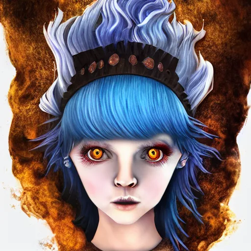 Image similar to portrait of young girl half dragon half human, dragon girl, dragon skin, dragon eyes, dragon crown, blue hair, long hair, highly detailed, cinematic lighting, by Tim Burton and Robert Eggers