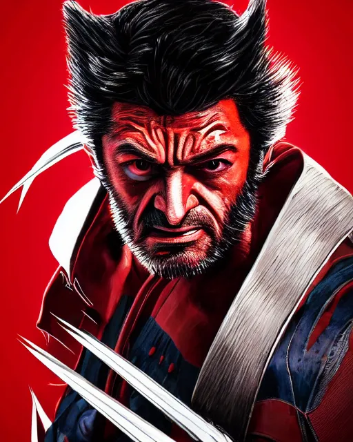 Image similar to beautiful digital painting of marvels wolverine, black and red color scheme, hyper realistic photo, 8 k., dramatic lighting, bloody