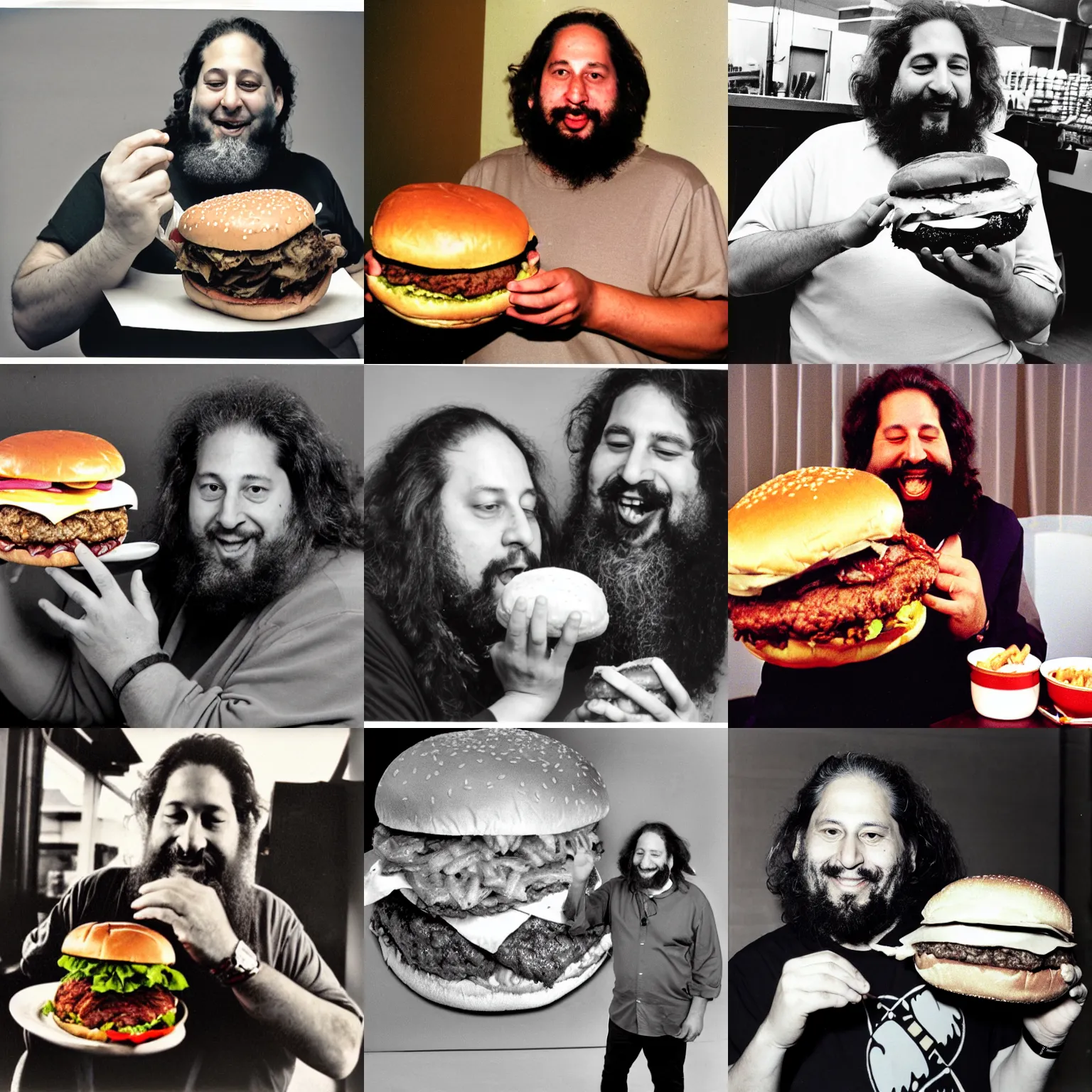 Prompt: photo of richard stallman eating a giant hamburger, 3 5 mm