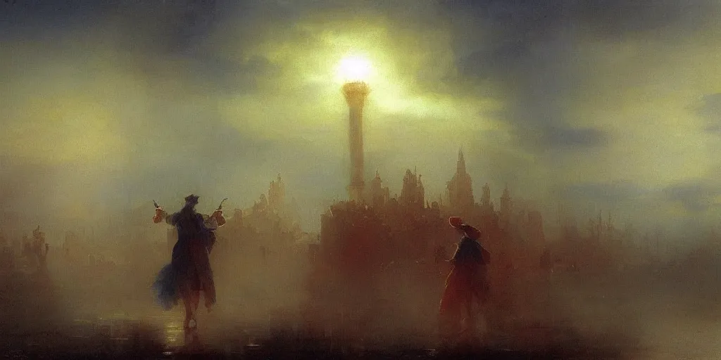 Prompt: sorcerer mage casting a spell in the middle of the city, there is light comming out of his hand, beautiful artwork detailed painting by ivan aivazovsky