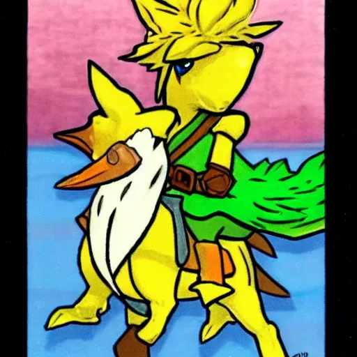 Prompt: legend of zelda link riding an amoured chocobo