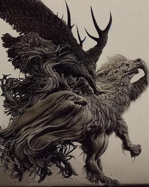 Prompt: a creature with the body and eyes of a man, with the beak of an eagle, the mane of a lion, and the antlers of a bull. drawn by moebius and zdzislaw beksinski